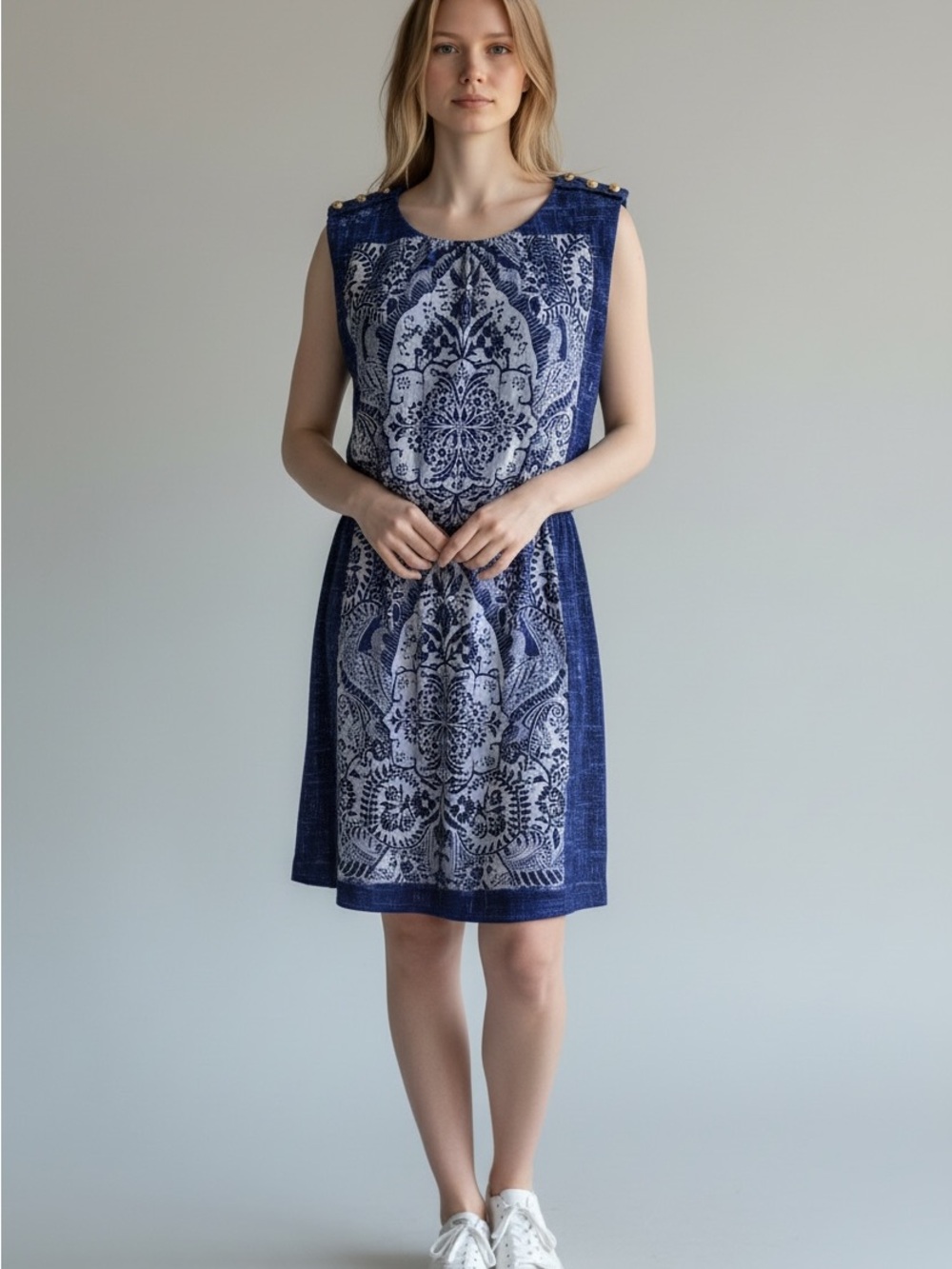 Navy Blue Printed Sleeveless Shift Dress